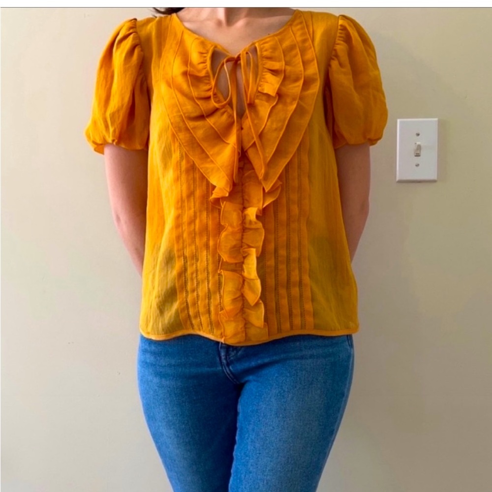 Anthropologie Leifsdottir Semi Sheer Short Puff Sleeve Yellow Blouse Size 2
